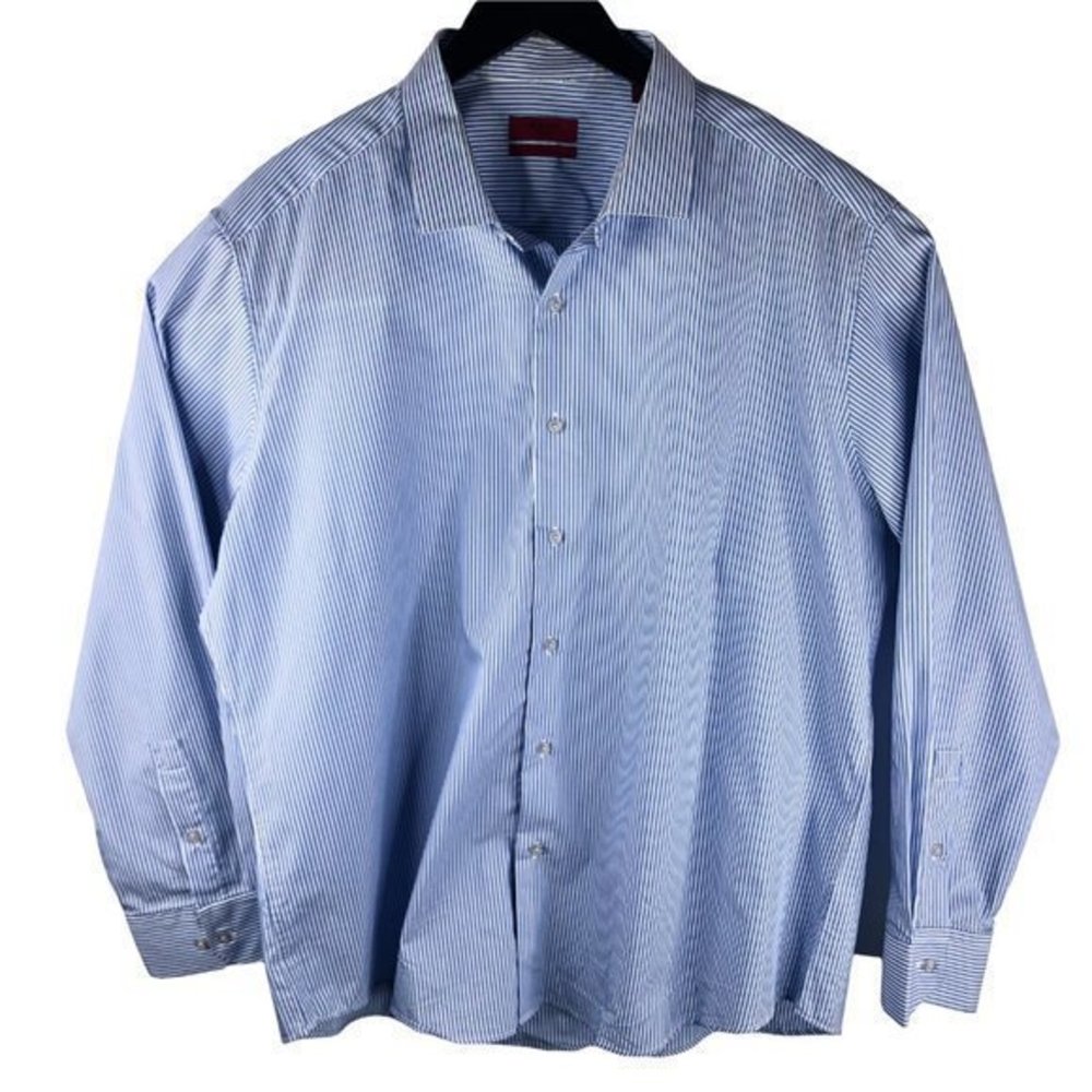 Alfani Mens XL Fitted Performance Long Sleeve Button Front Shirt Blue White